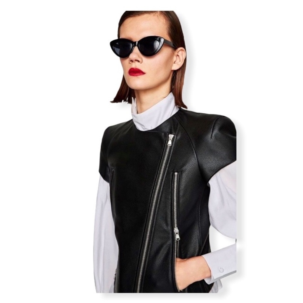 Zara Women’s Faux Leather Biker Jacket Full Zip Short Sleeves Black XS - Picture 1 of 9